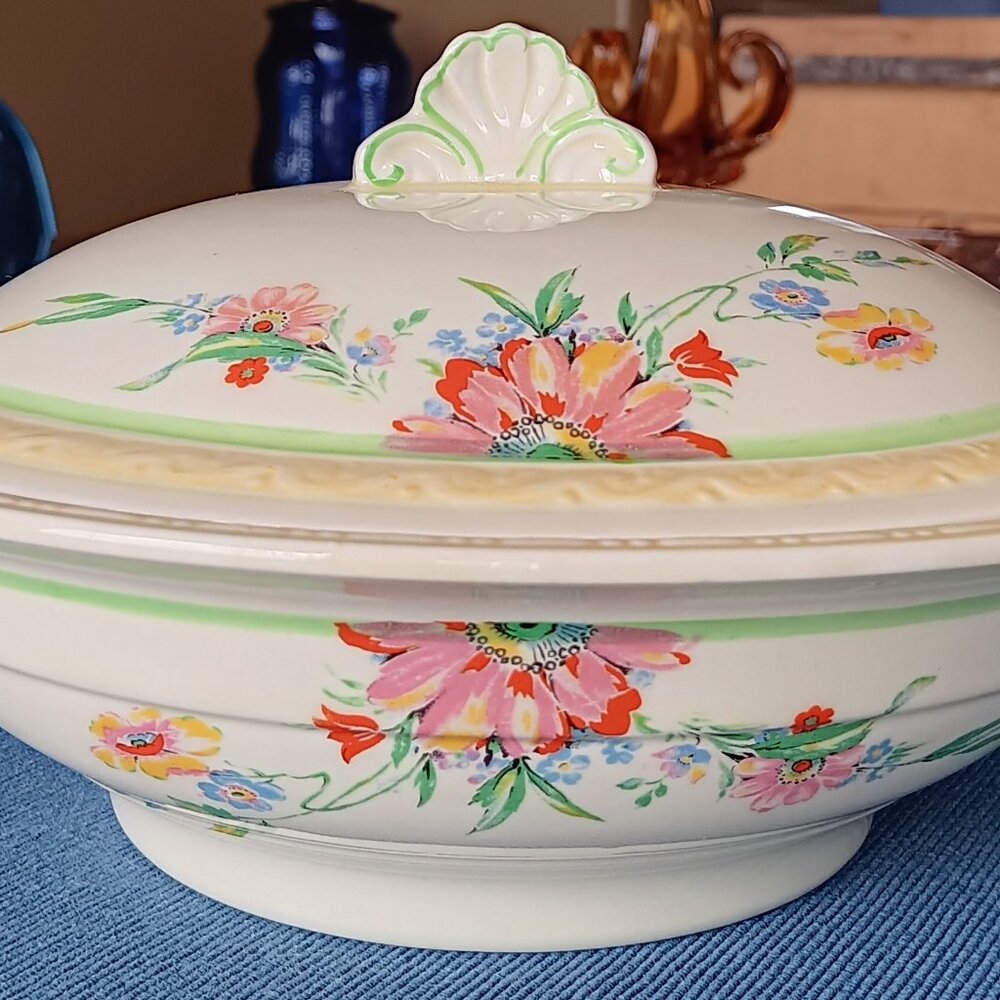 Vintage Art Deco J&G Meakin Sunshine Floral Covered Serving Bowl